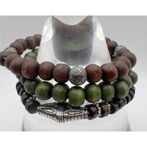 Boho Wood Bead Stretch Bracelets‎ Set of 3 Earth Tones Unisex